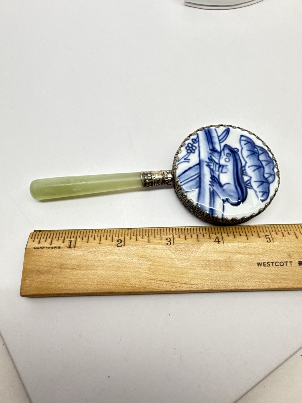 Vintage Chinese Hand mirror Blue White Porcelain Frog 5 1/4” Vanity Item