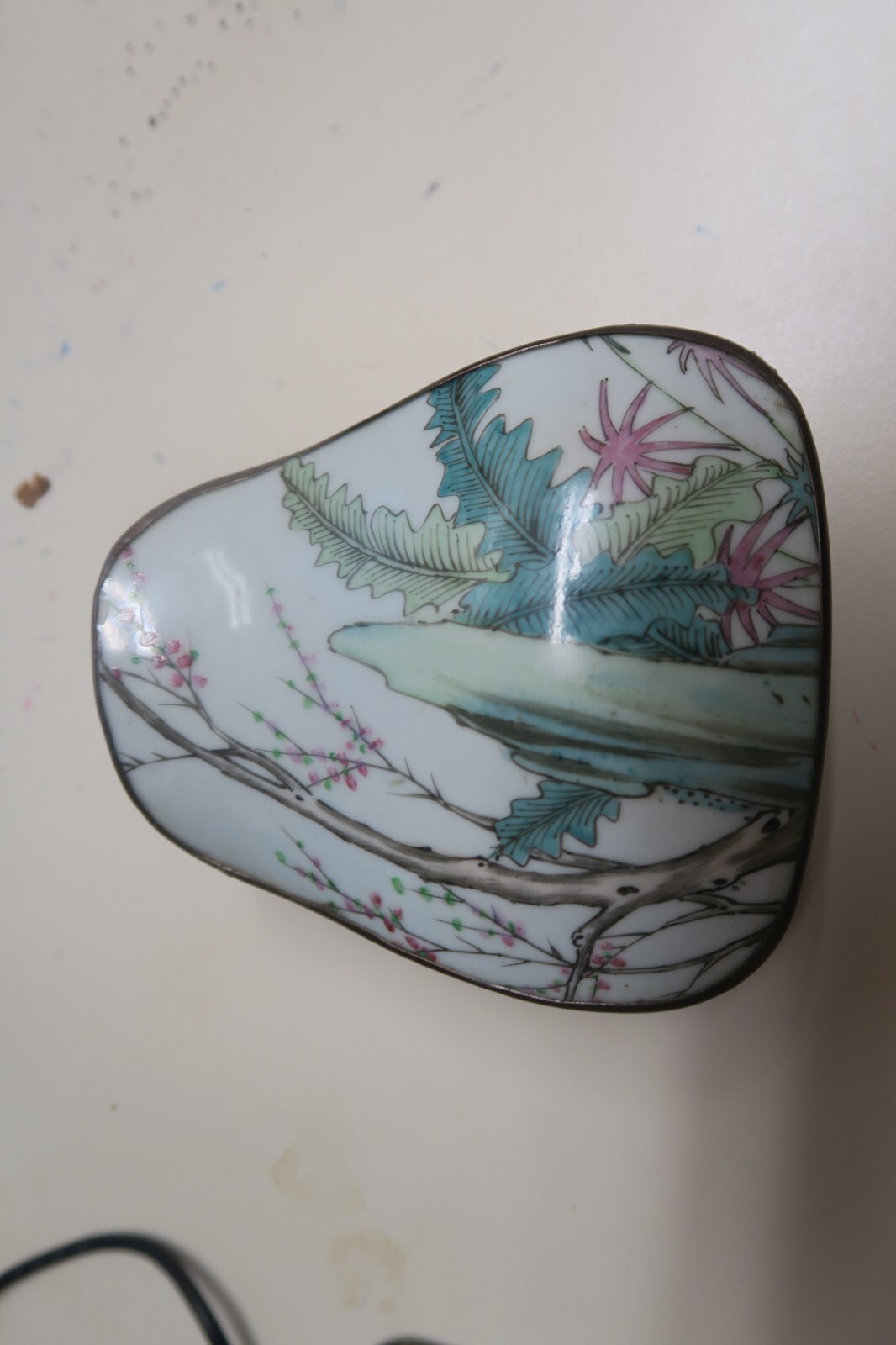 Chinese Asian Porcelain Shard Lid Vintage Metal Silver Trinket Box 4.5″ x 5″
