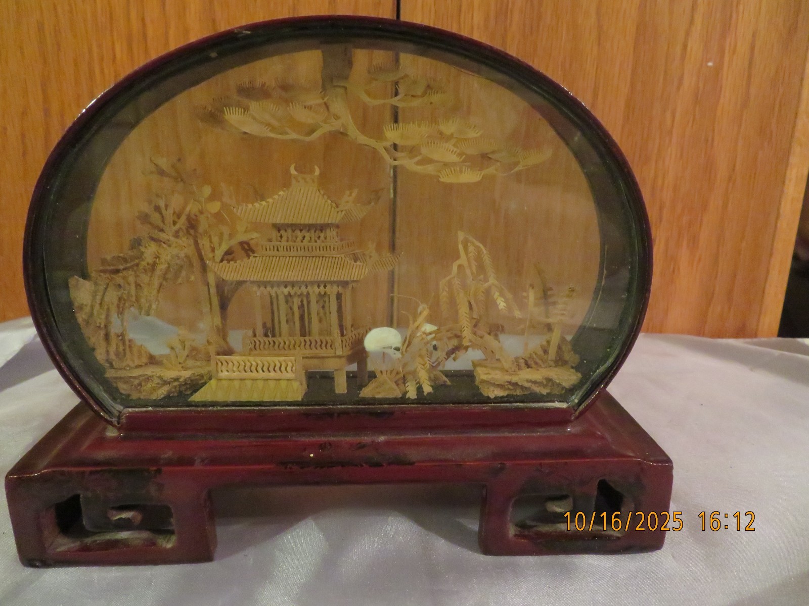 Vintage Chinese Cork Art Hand Carved Diorama Lacquered Pagoda Cranes Trees