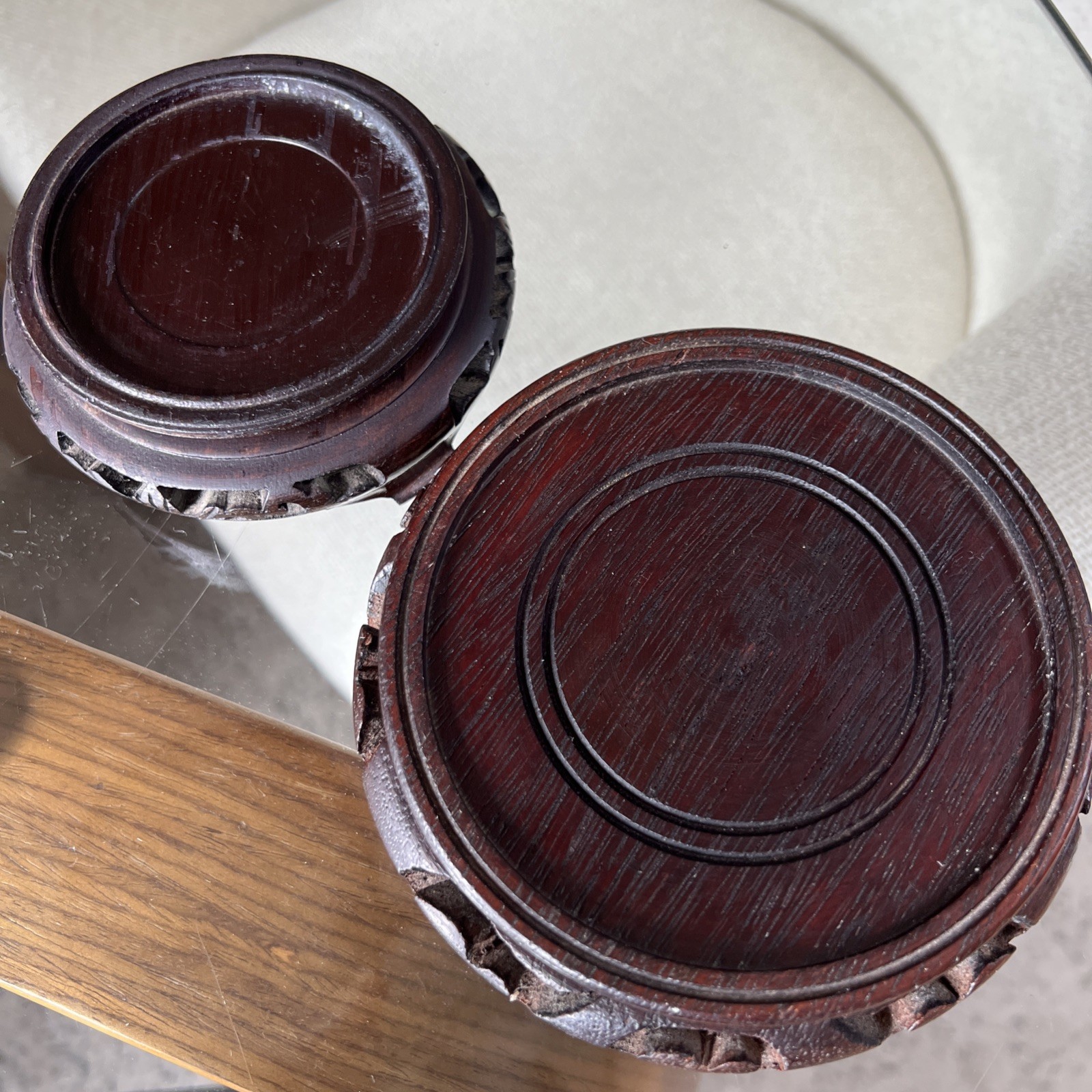 TWO Wood Display Stands 4″ + 5″ Asian Hardwood Pedestal Carved Ebonized Pair