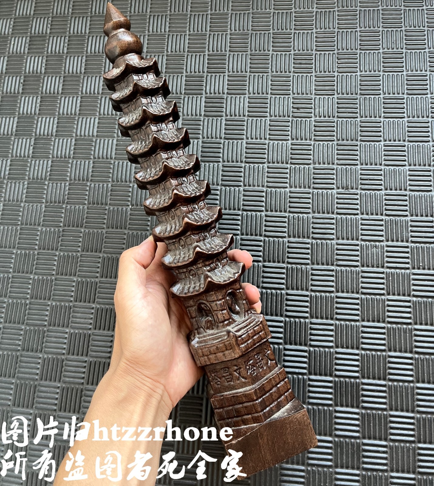 14.5″ Natural Eaglewood Carved Wen Chang Tower Statue Pagoda Feng Shui Home Deco