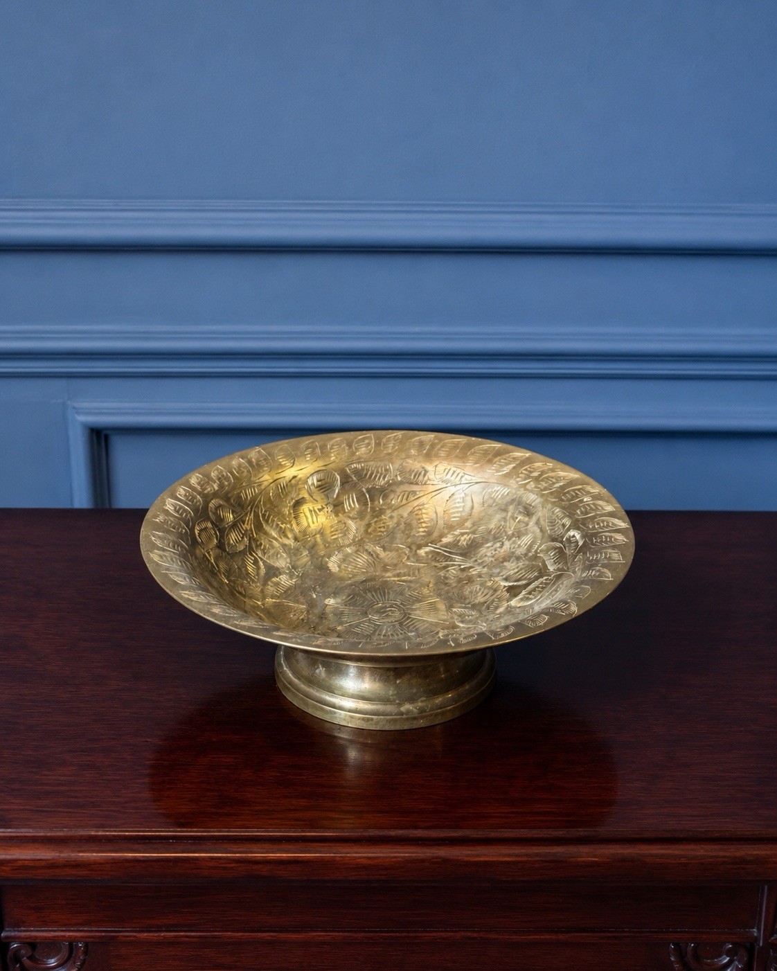 Solid Brass Bowl Engraved Pedestal Floral Compote 8 Inch Centerpiece Statement