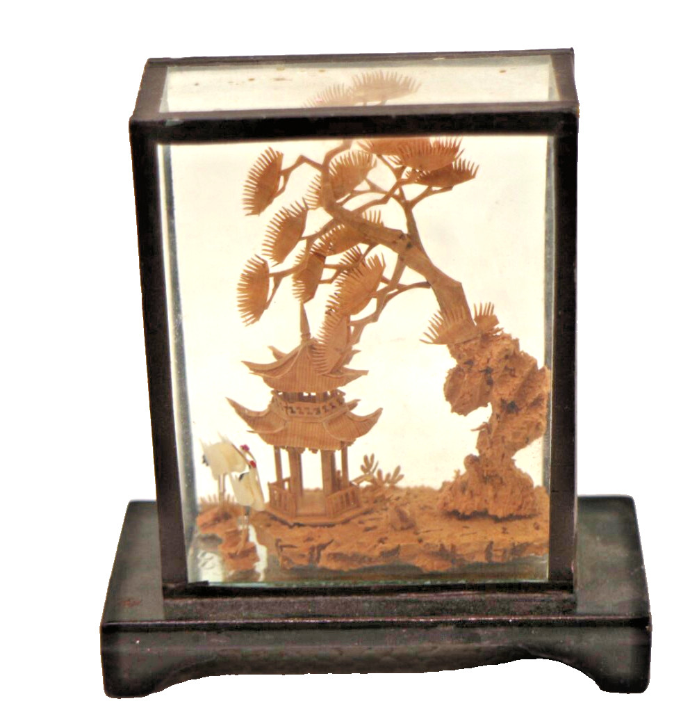 Miniature Cork Wood Carved Village Diorama Scene in Glass Wood Case