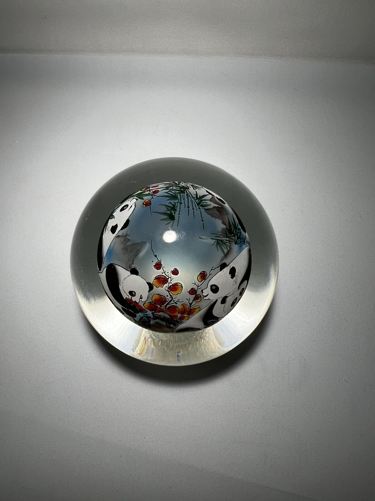 Chinese Glass Ball Sphere Paperweight Reverse Hand Painted Pandas Eat Watermelon