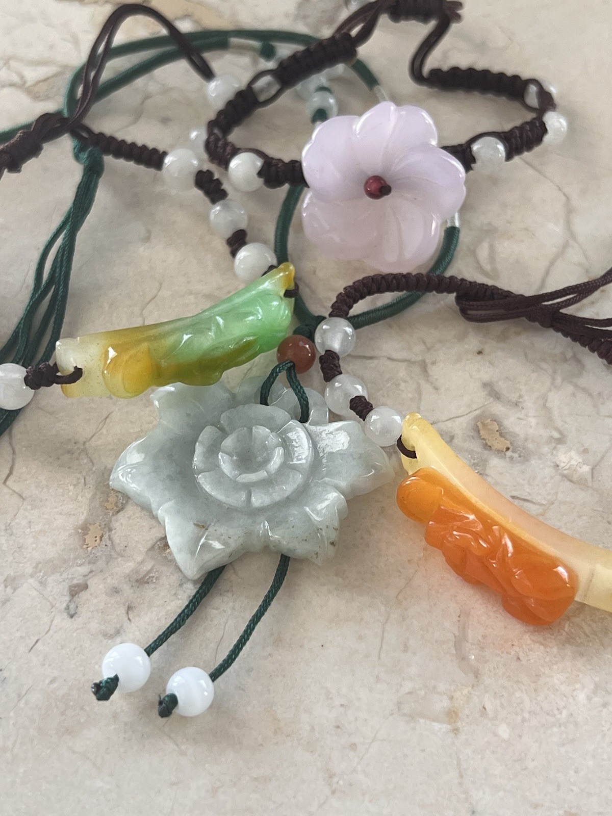 Multi Colored Jade String Bracelets & Necklace adjustable Lot Flowers