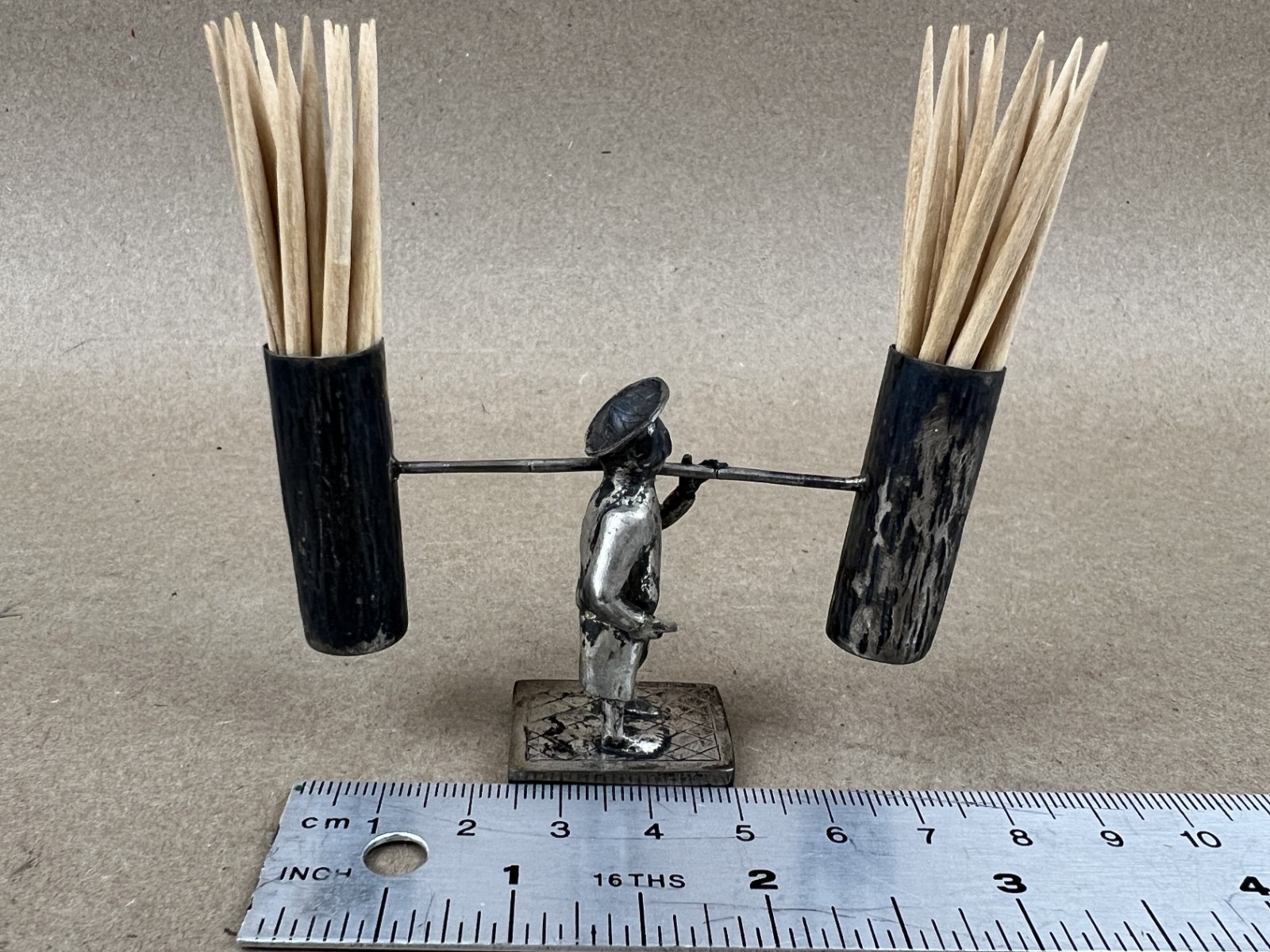 Vintage Chinese laborer tin metalwork with box, toothpick holder perhaps