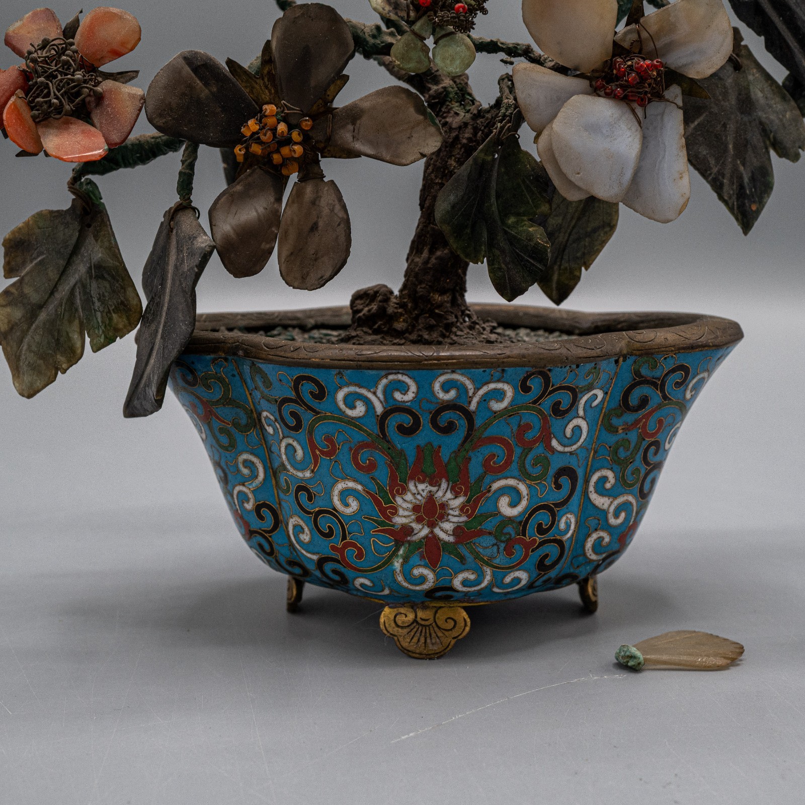 Chinese Jade Hard Stone Tree in Cloisonne Pot 8 1/2″ Vintage/Antique – READ #B