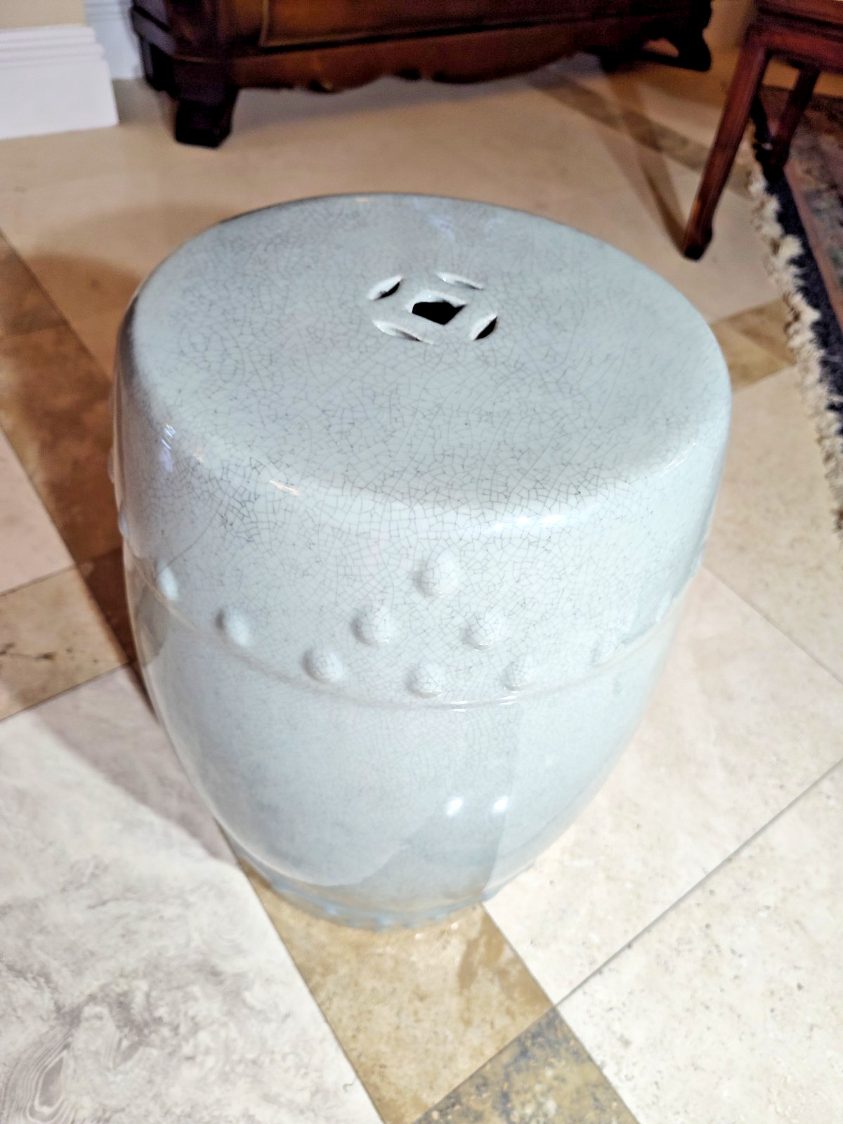 18 ” Vintage Chinese Celadon Porcelain Garden Seat. Hobnailed and Pierced.