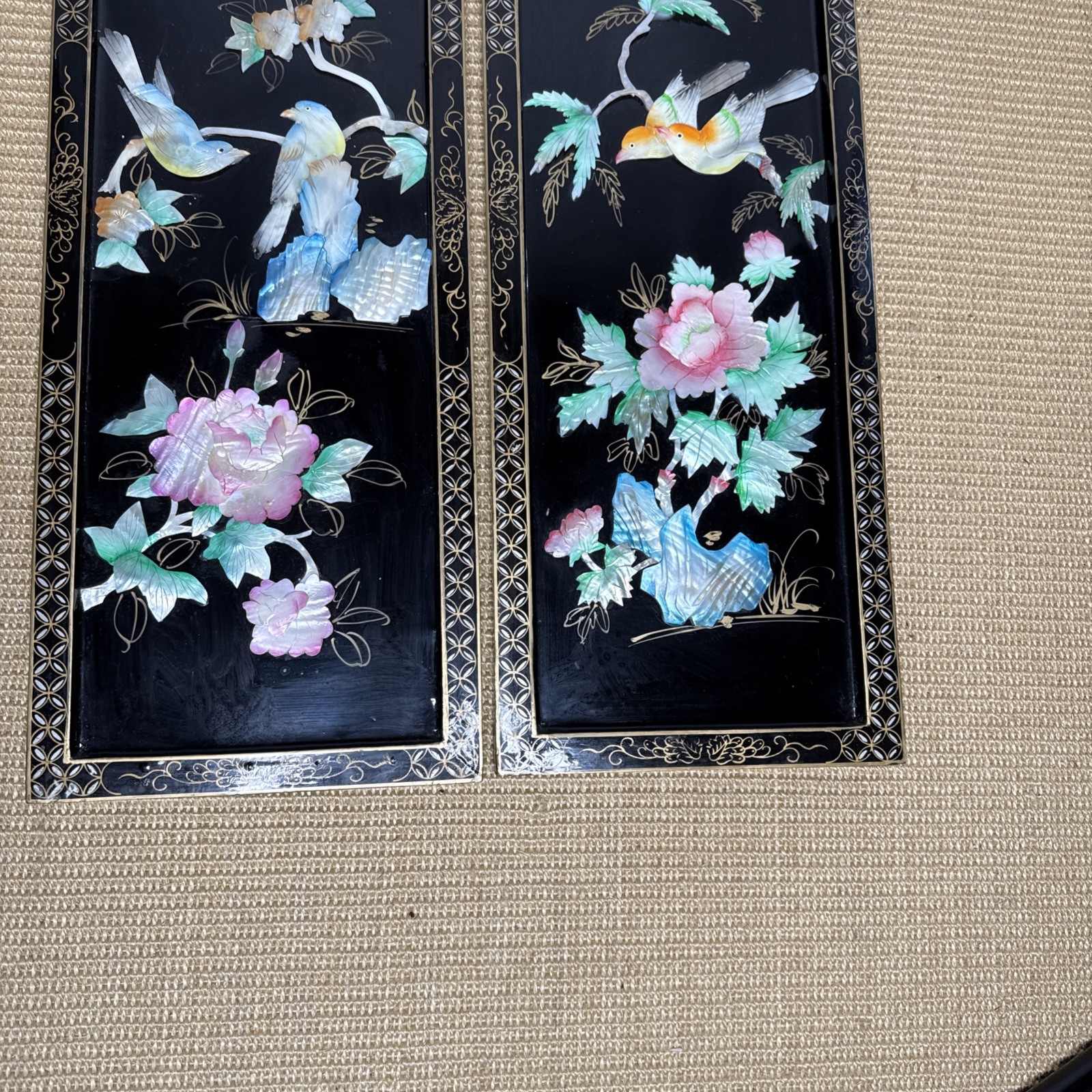 Vintage Oriental Asian Wall Panels Black Lacquer Raised Flowers Birds Set 2