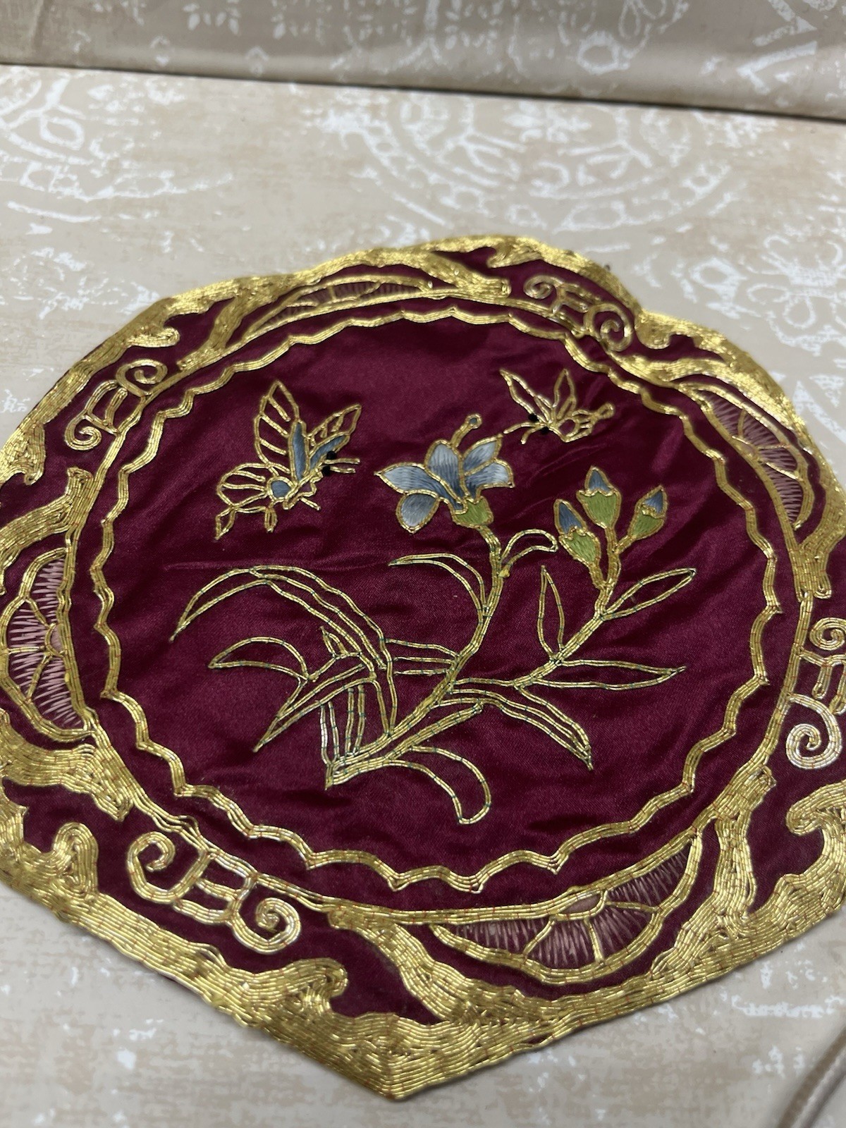 Chinese 100%Hand embroidered Embroidery Art butterfly and flower gold red