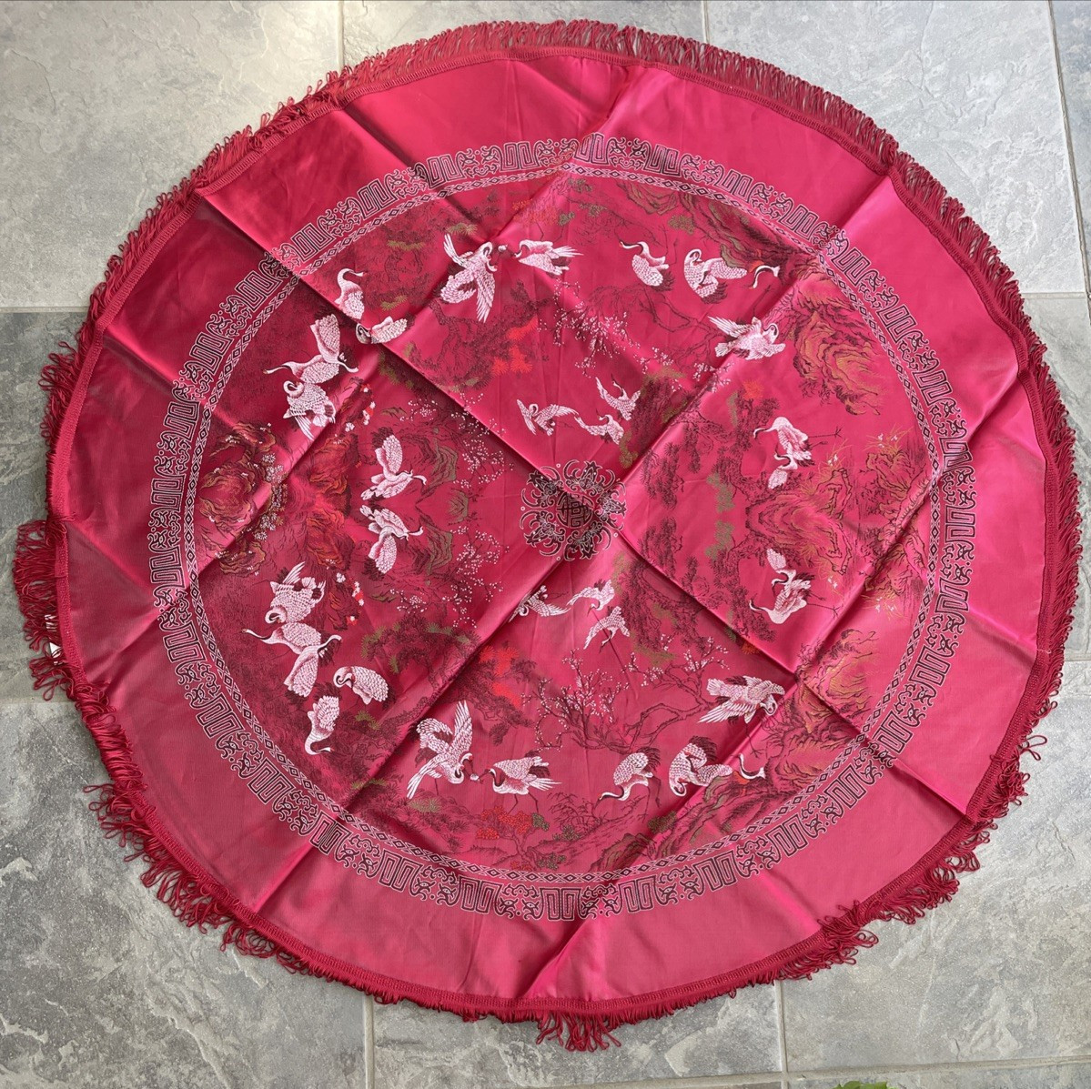 Vintage Brocaded Flowers Chinese Round Double Sided Tapestry Table Cloth Fringed