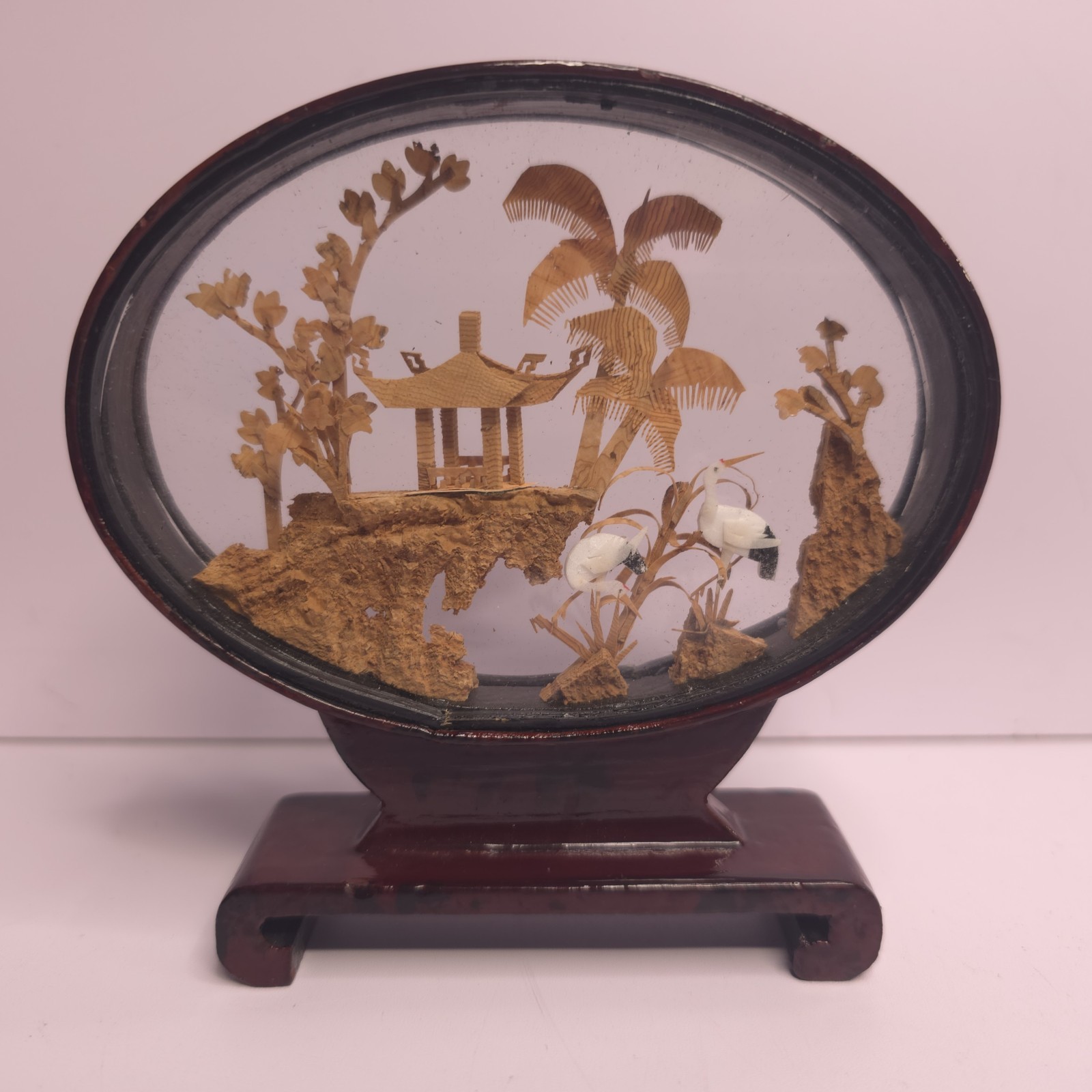 VINTAGE CHINESE DIORAMA CORK CARVING GLASS CASE PAGODA TREES & CRANES.