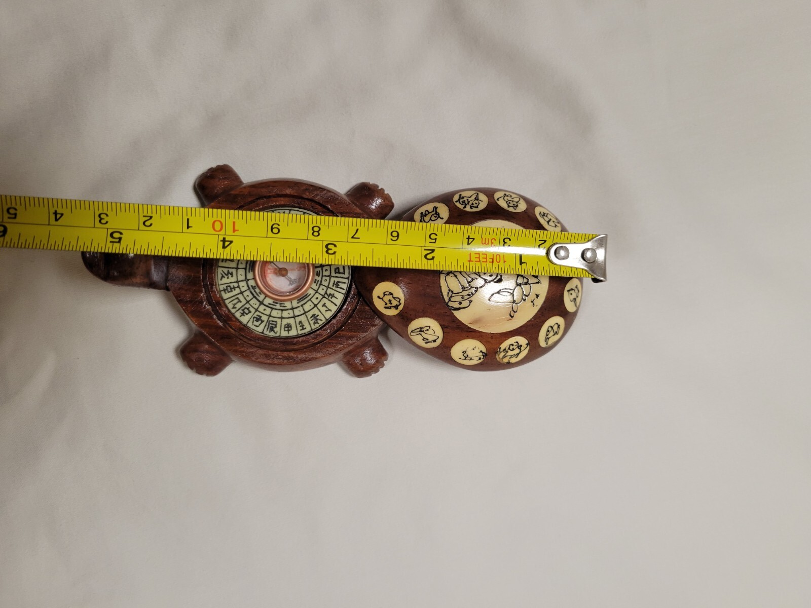 Vintage Asian Carved Wooden Turtle, Opens with Compass and Zodiac Signs