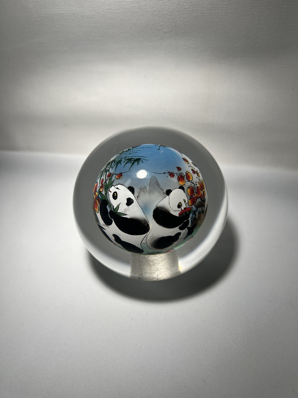 Chinese Glass Ball Sphere Paperweight Reverse Hand Painted Pandas Eat Watermelon