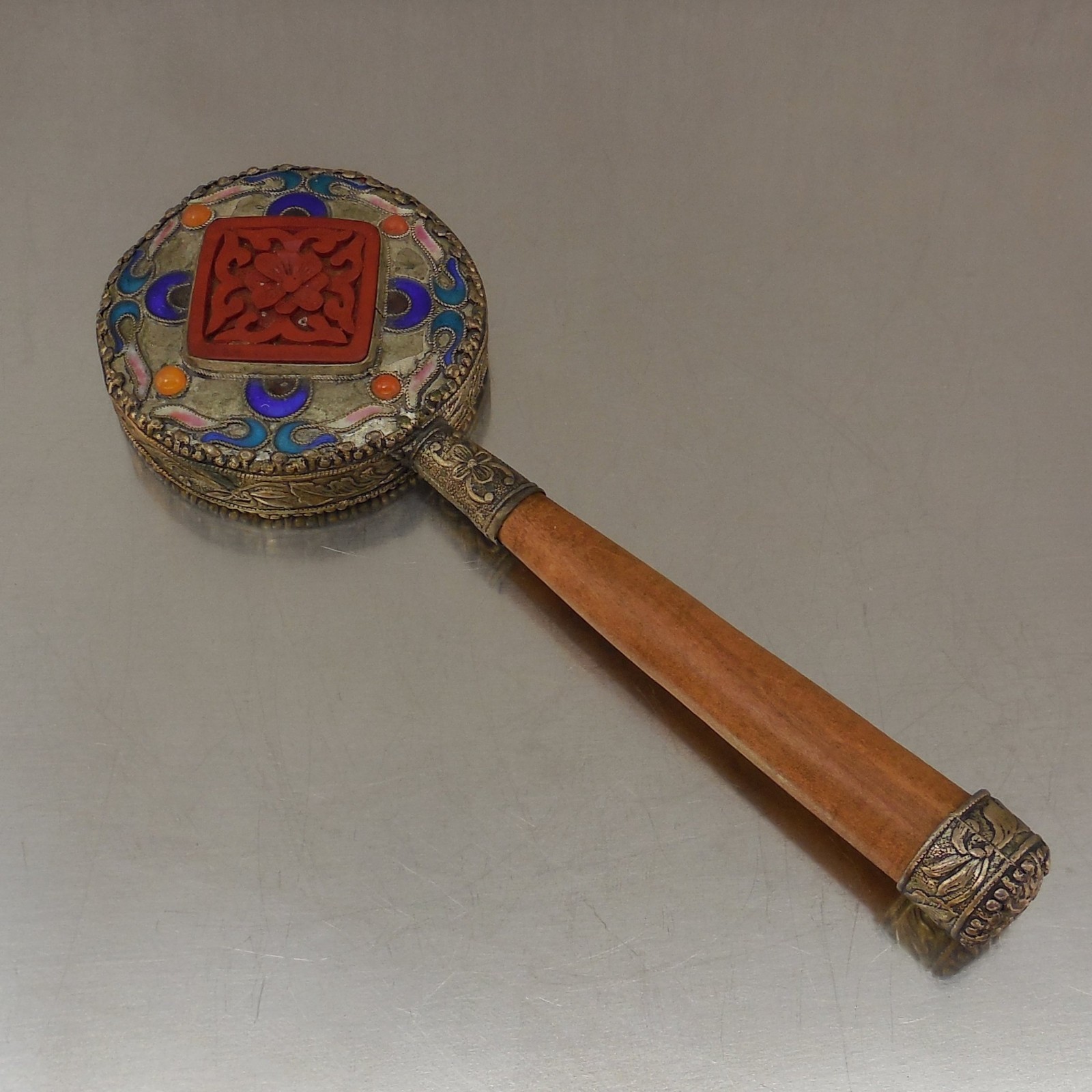 Vintage Chinese Cloisonne Hand Vanity Mirror Carnelian Cinnabar Silver Metal 6″