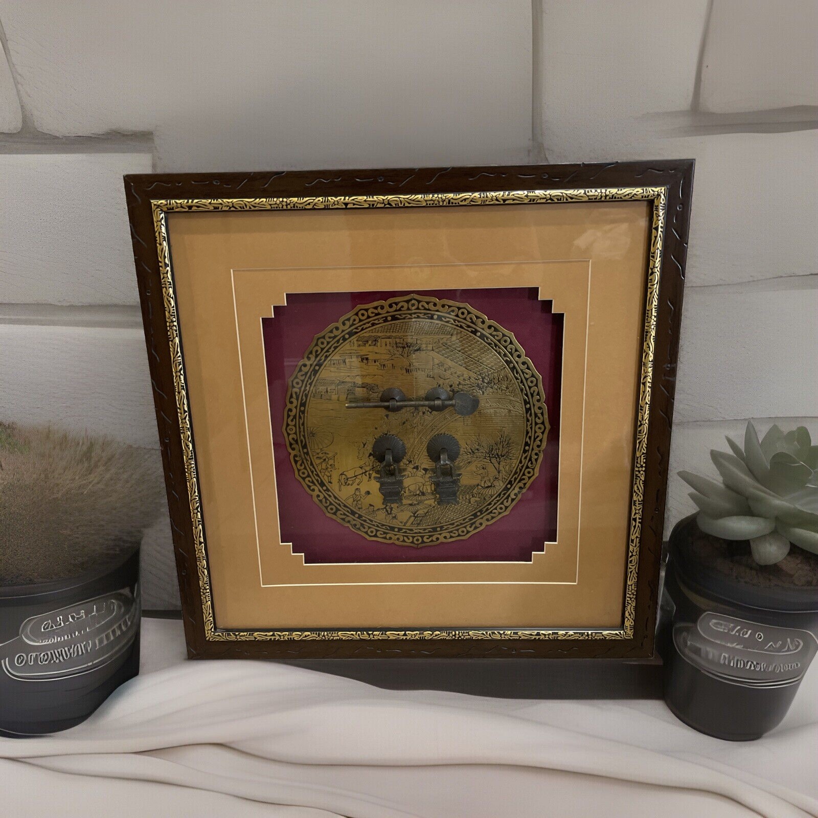 Chinese Shadow Box Oriental Asian Framed Wall Hanging Gold Metal Black Iron