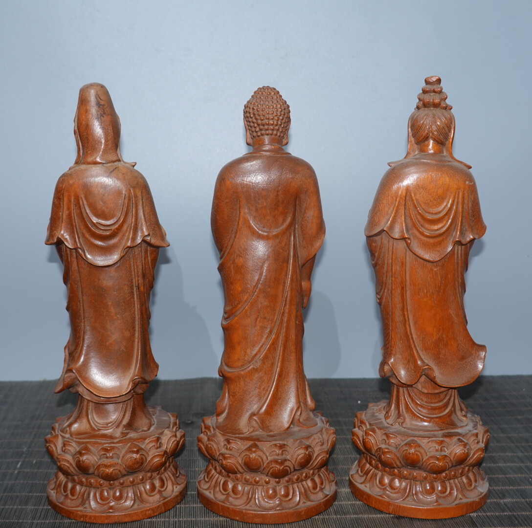 11.4″ China Box-wood West Three Saints Avalokitesvara Sakyamunim Amitabha Statue