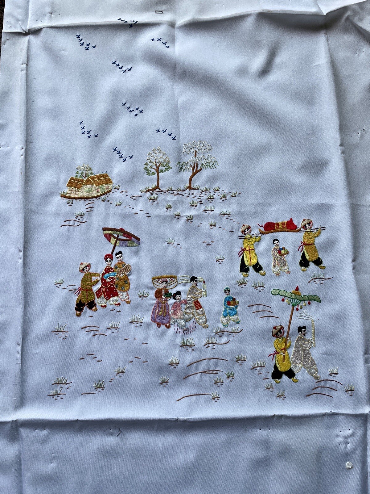 Asian Silk Hand Embroidered Cloth Village People Unframed Finished Needlepointed