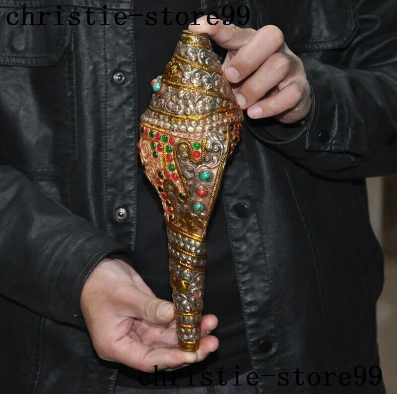 10″Tibet Buddhism bronze Gilt silver Filigree Inlay gem Conch Trumpet Horn Shell