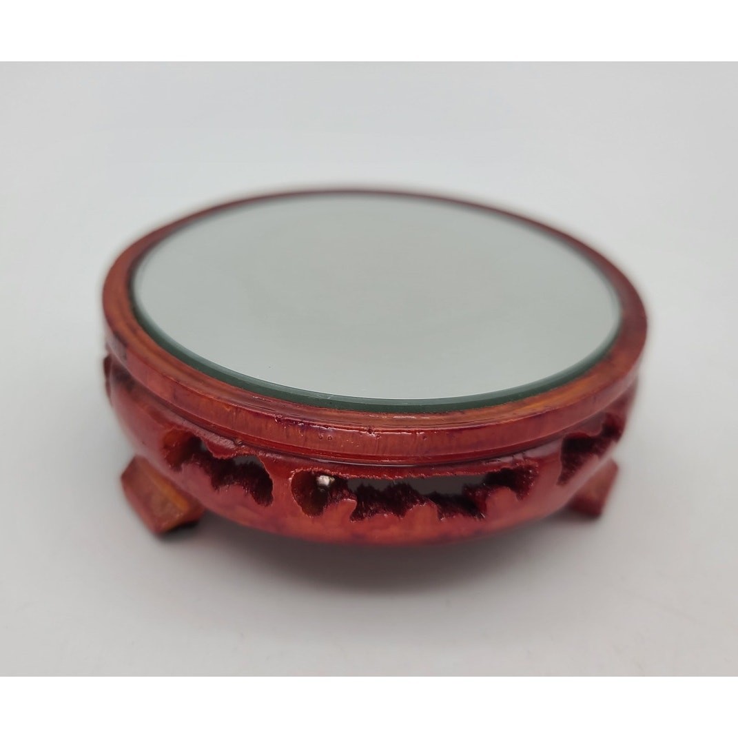 Vintage Chinese Ornate Carved Wood Display Stand Riser Inlaid Mirror 4″ Footed