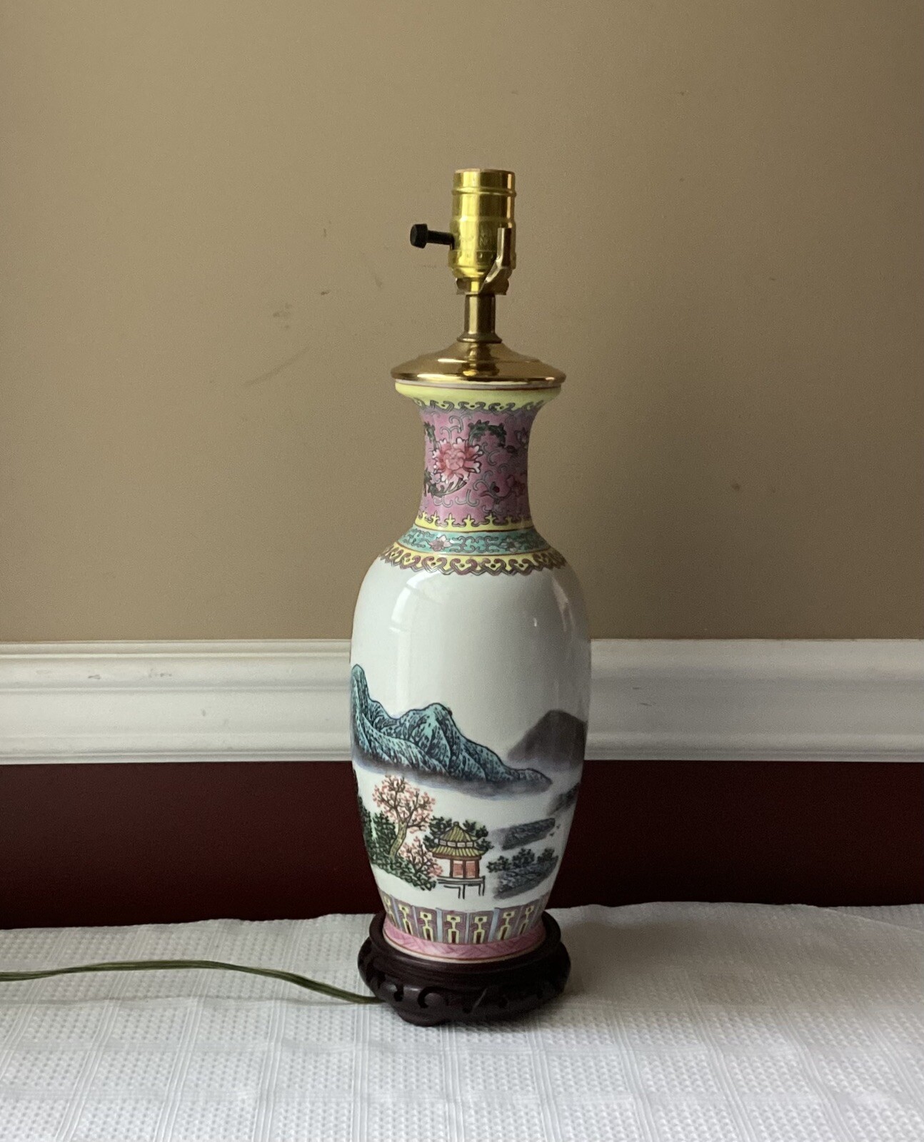 Vintage Chinese Famille Rose Porcelain Landscape Vase Lamp Inscribed 17.25″