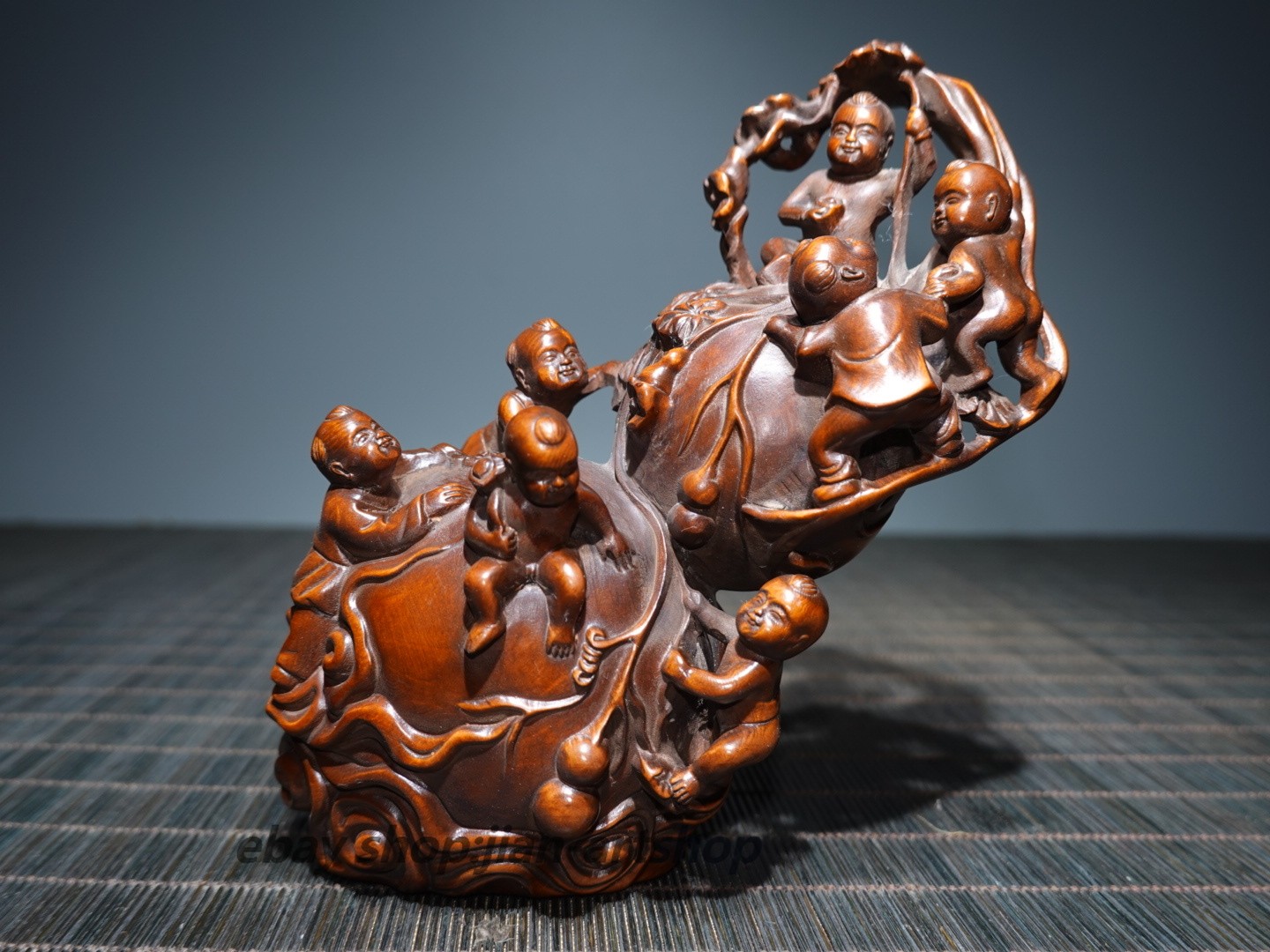 5.5″ Exquisite China Box-wood Carving Gourd Many Sons Many Blessings Statue