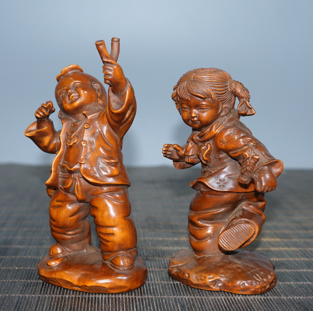 4.5″ Collect China Box-wood Carving Naughty Young Boys and Girls Statue Pair