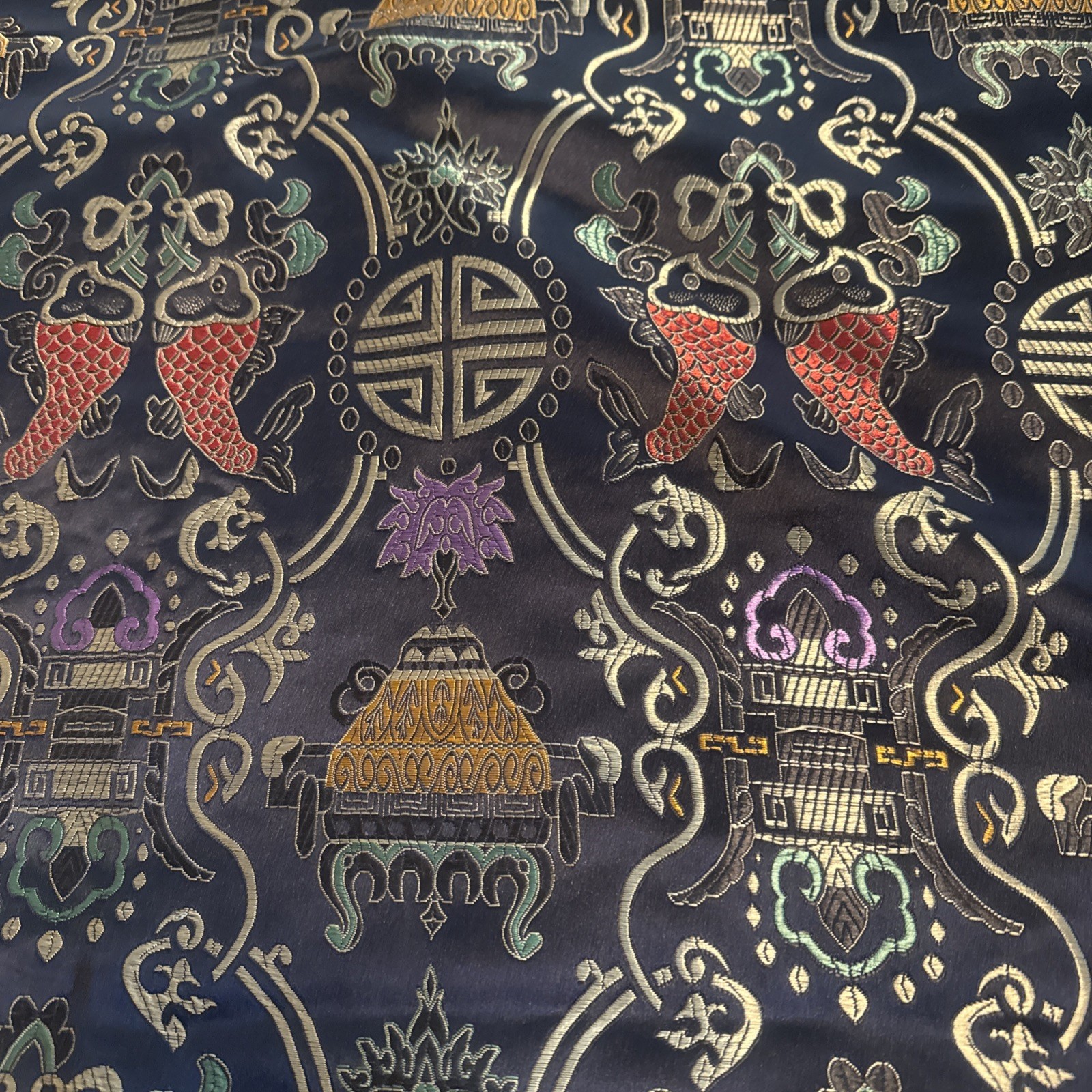 Vintage Chinese Silk Brocade Tablecloth/ Bed Cover Koi Fish Black Gold 74×54.4