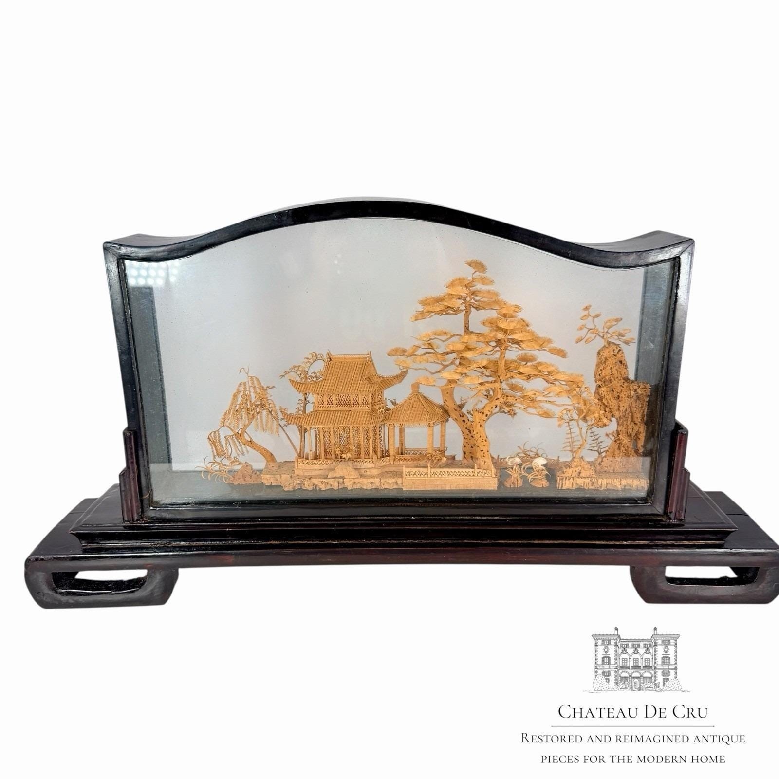 Vintage San You Chinese Cork Diorama Glass Case Black Wood Plinth 19.5×10″x3.5″