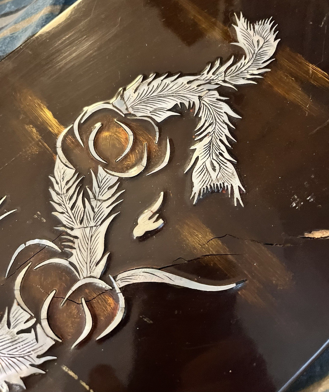 Asian Lacquer Panel Mother of Pearl Inlay Bird Plumage Vintage Wall Art Oriental