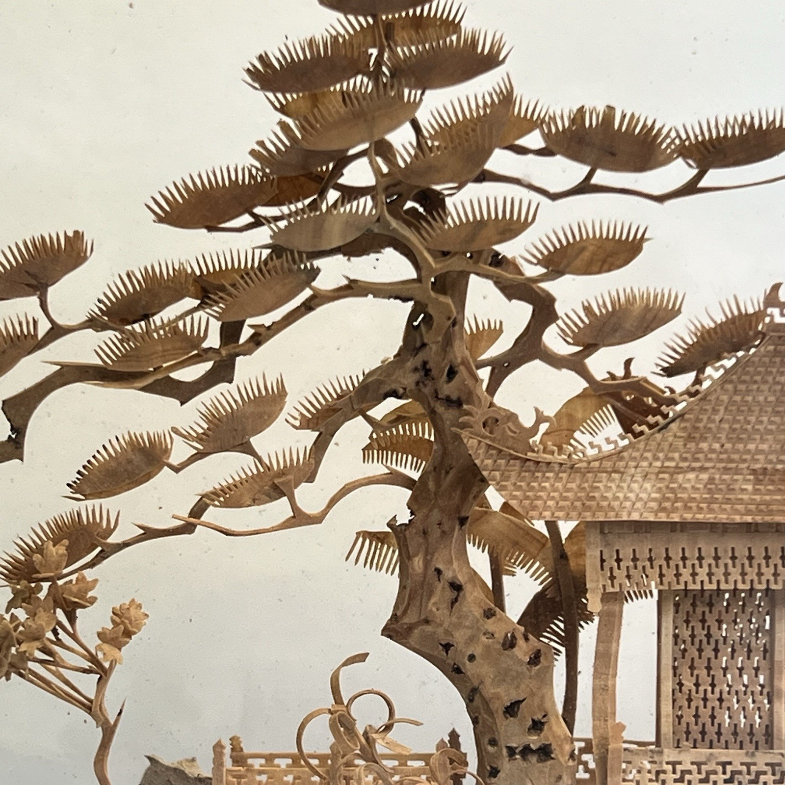 Vtg San Diorama Cork HandCarved W/ Pagoda Trees & Cranes In Glass Case 6X7”