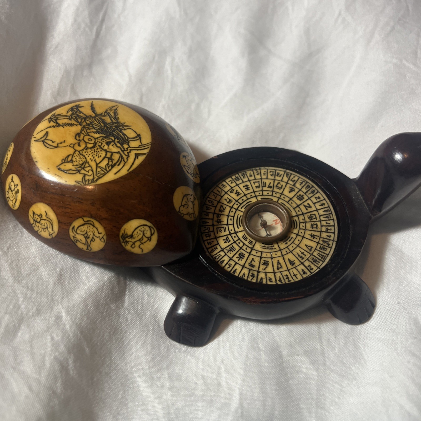 Vintage Carved Wood Turtle with Inlaid Chinese Zodiac Signs Opens to Compass