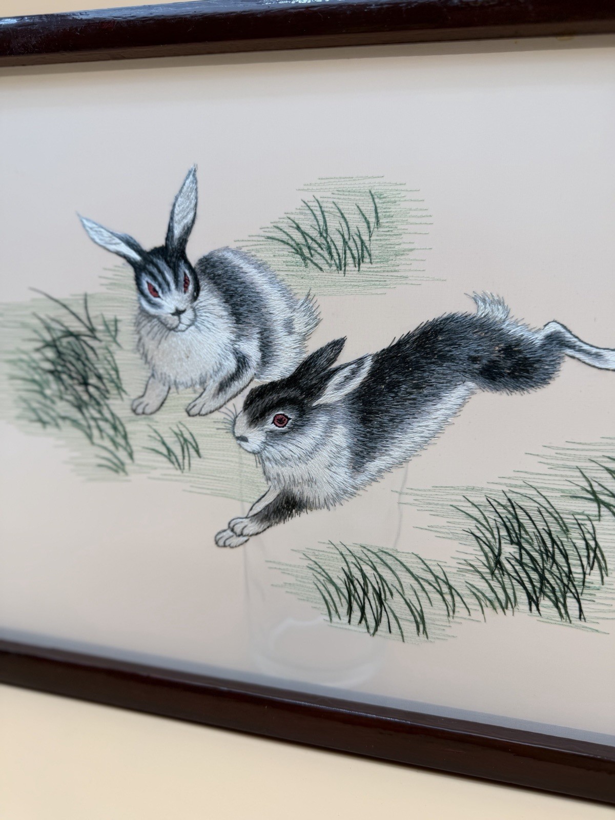 Early 1980s Chinese Double-Sided Silk Embroidery Spring Hares Framed Art