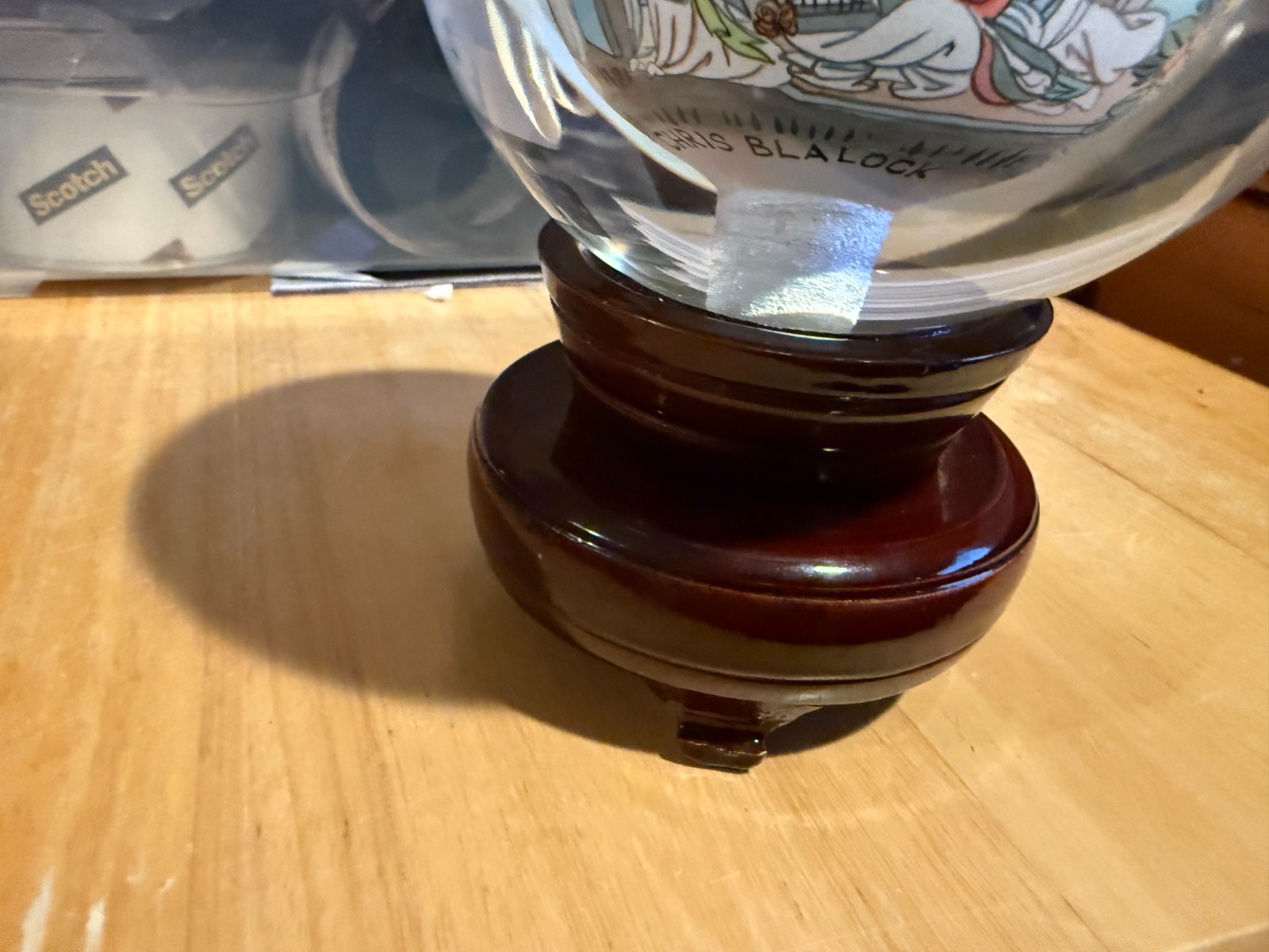 Vintage Chinese Hand Painted Reverse Art 4.5″ Glass Globe On Wooden Stand SIGNED