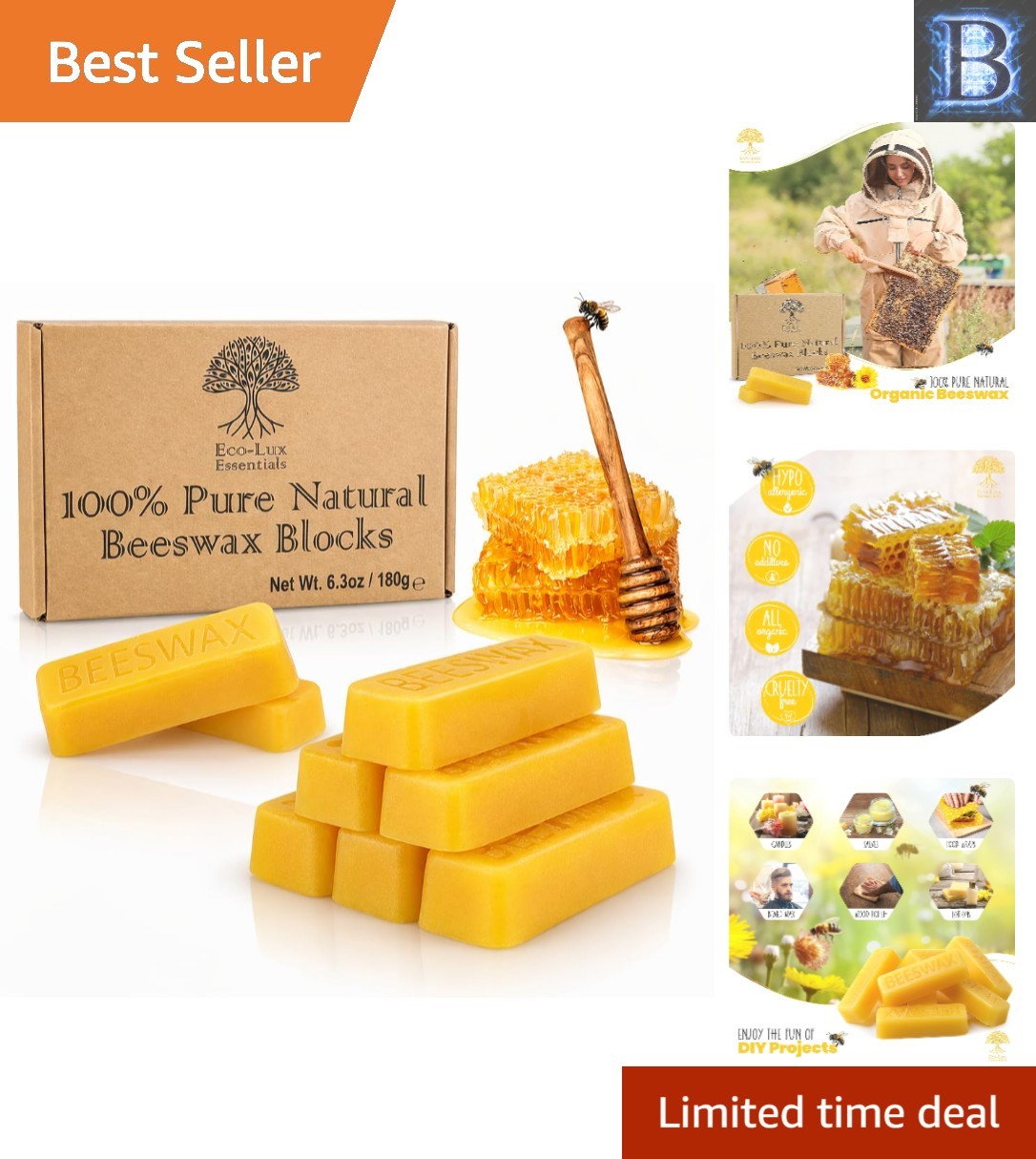 Eco-Friendly 6.5oz Beeswax Blocks – 8 Pack of 100% Pure Natural Organic Bees Wax