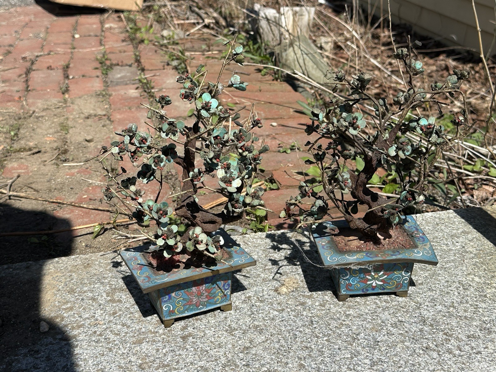 Vintage Pair of Chinese Hardstone Flower Bonsai Trees in Cloisonne Enamel Pots