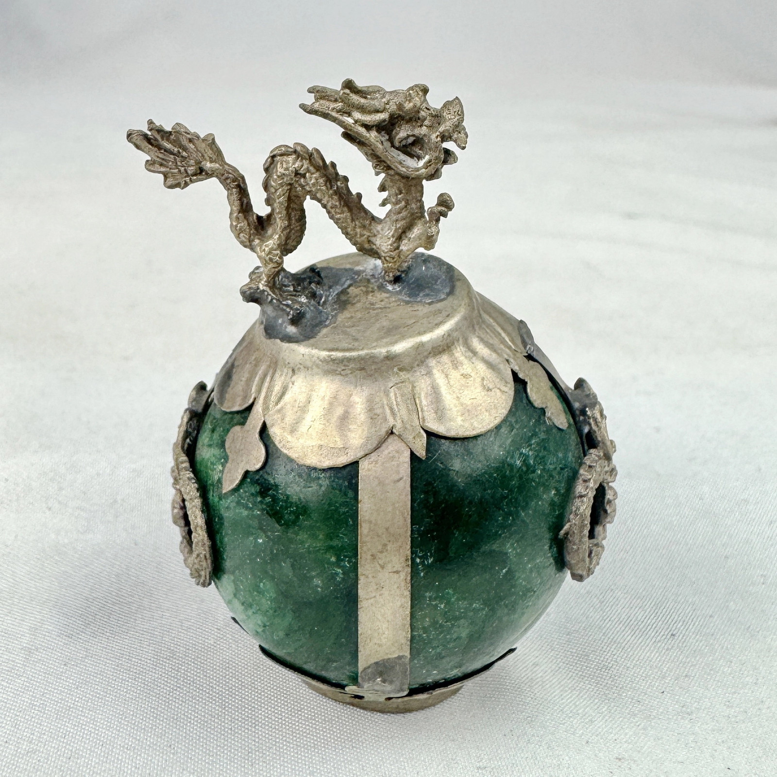 Vintage Chinese Zodiac DRAGON Green Marble Orb, Pewter/Tin Finial, Dragon Motif