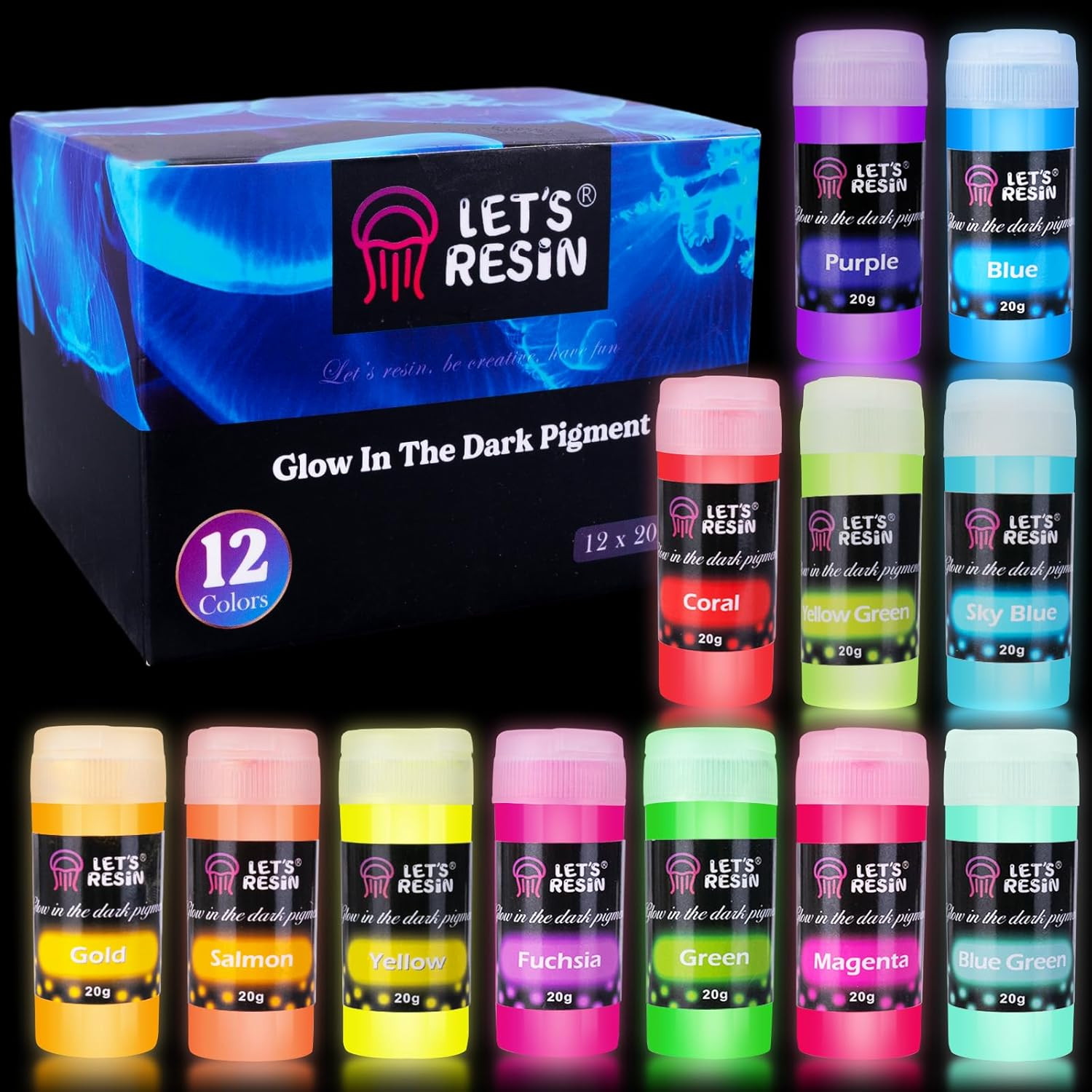 12 Colors Glow in the Dark Pigment Powder – 20G/0.7Oz Each Bottle Epoxy Resin Lu