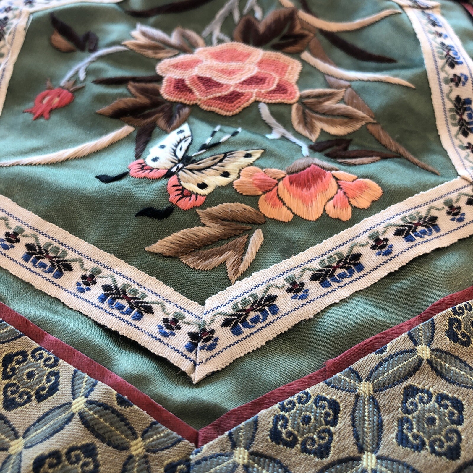 Chinese Silk Hand Embroidered Panel Hexagon 10″ X 11″ Butterfly & Flowers