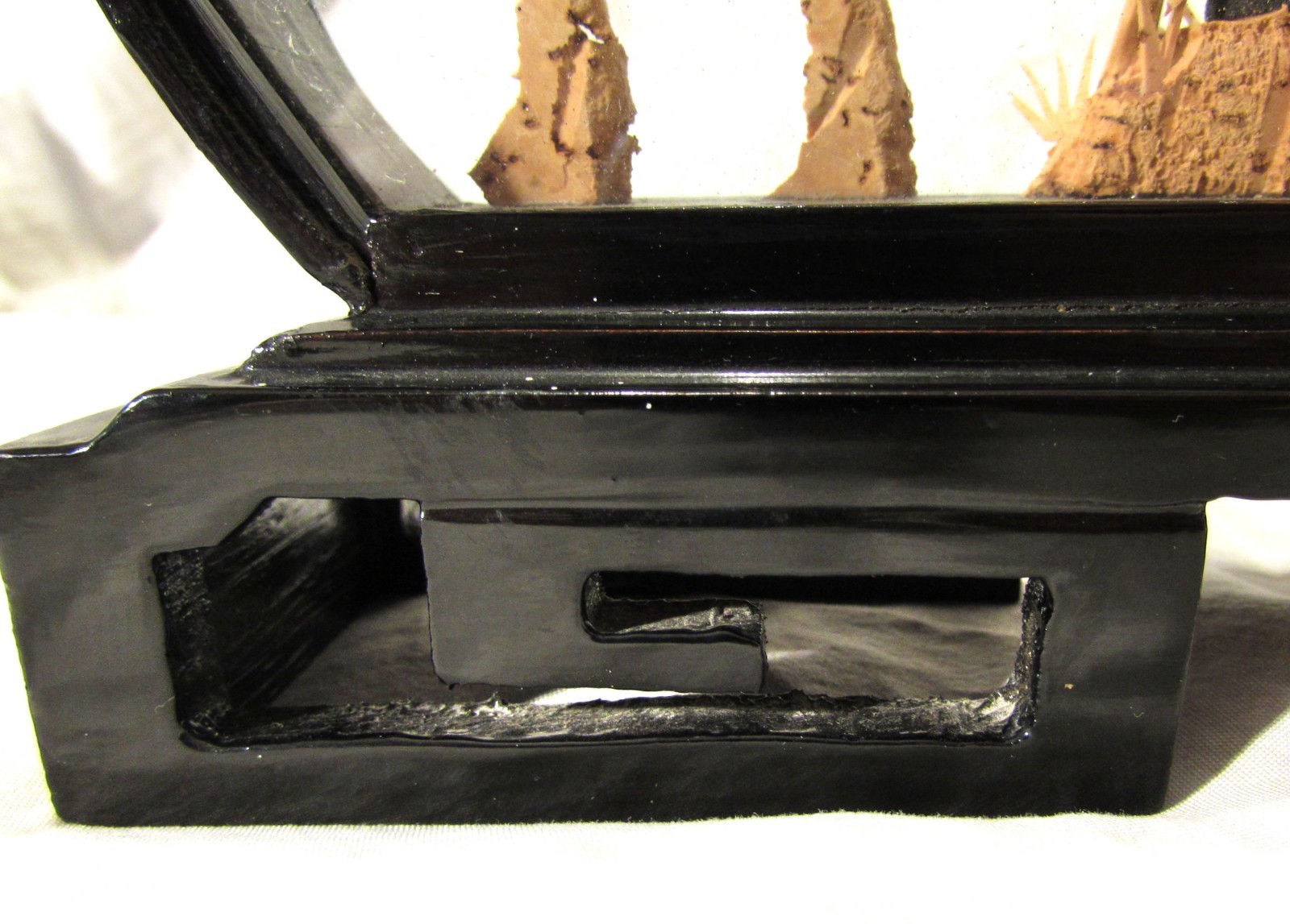 Vintage Chinese Panda Cork Diorama Arched Black Lacquered Shadow Box Case 1950s