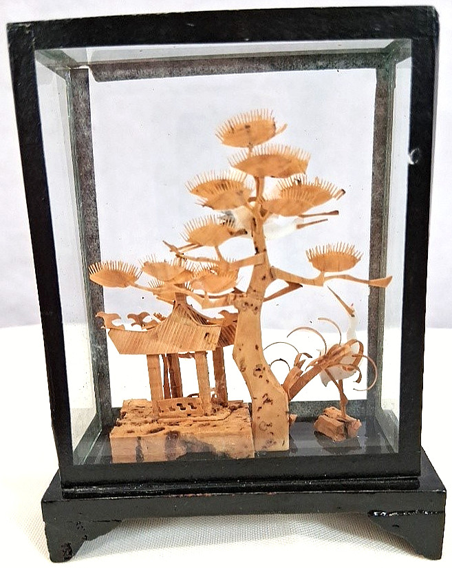 2 Chinese Scene 3D Hand Carved Cork Dioramas Black Lacqured Wood & Glass Cases