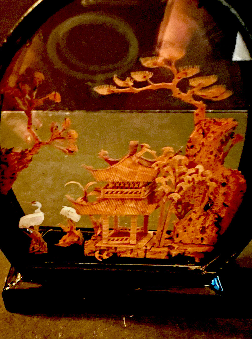 Vintage Chinese Cork Sculpture Picture Garden Wooden Base Encased Dome Glass
