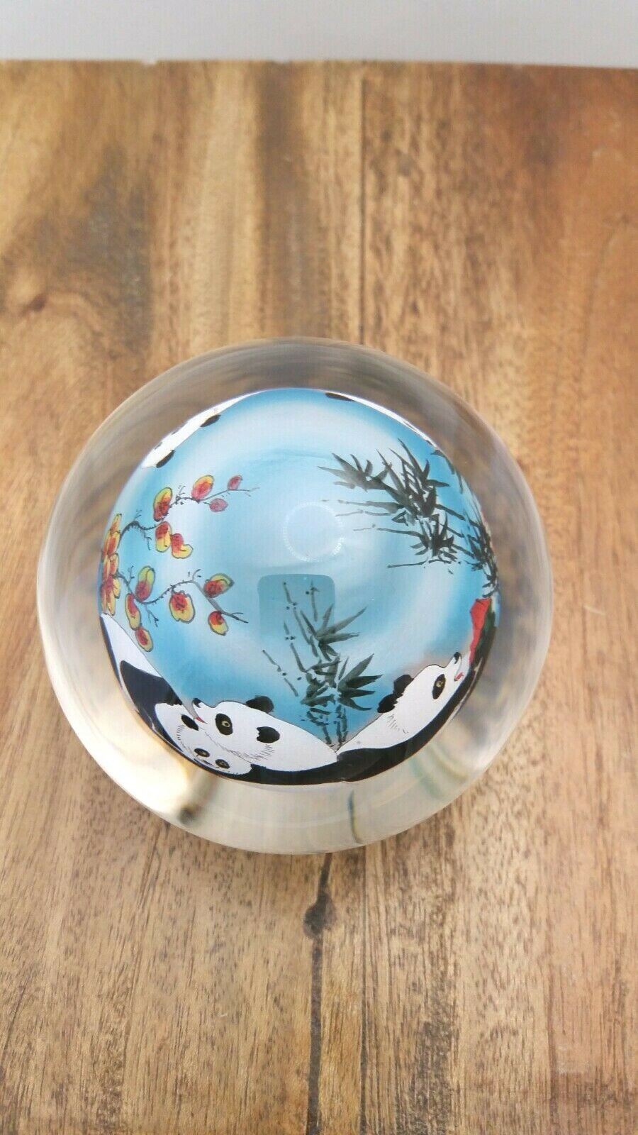 Chinese Glass Ball Sphere Paperweight Reverse Hand Painted Pandas NO Base