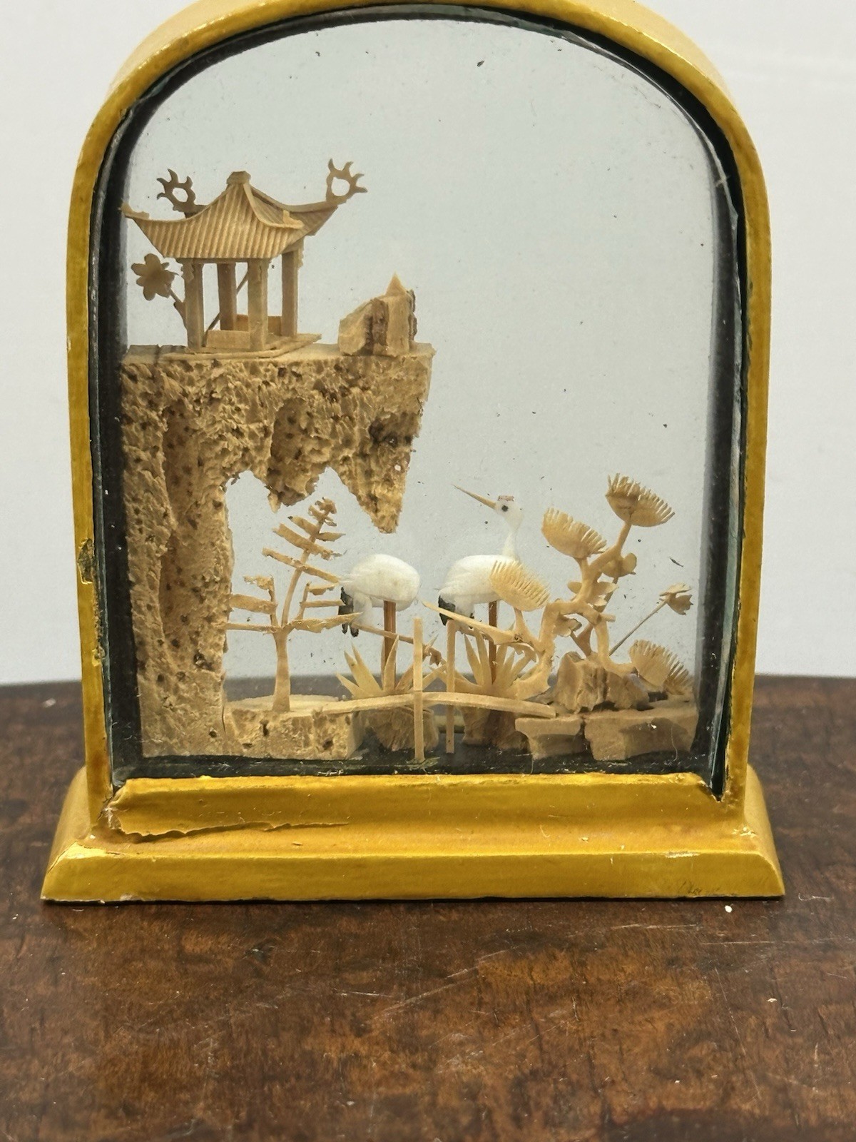 Carved Cork Chinese Art Diorama with Cranes Pagoda & Trees Vintage Collectible