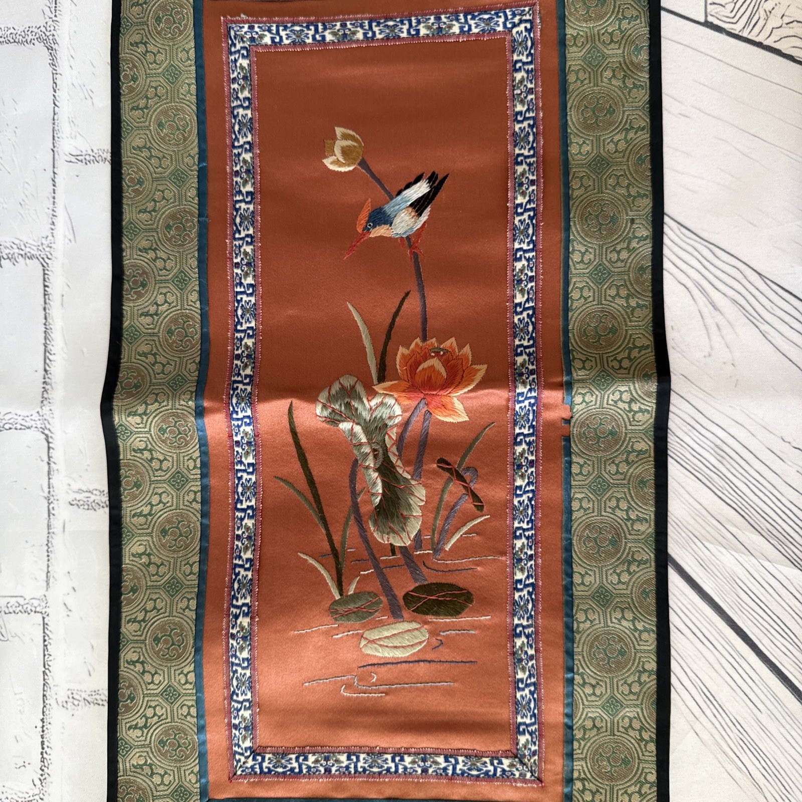 VTG Chinese Embroidered Silk Tapestry Panels Set 3 Birds & Flowers 17”x9.5”& 11″