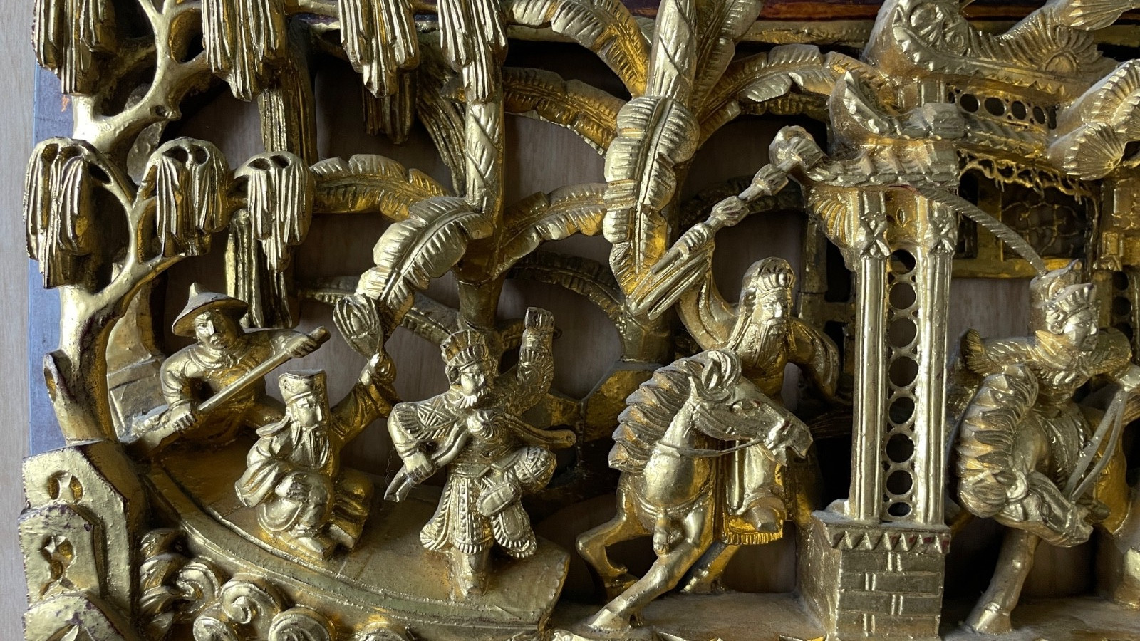 Chinese Gold Gilt Wood Carved Relief Panel Temple Boat Warriors Horses 27×9