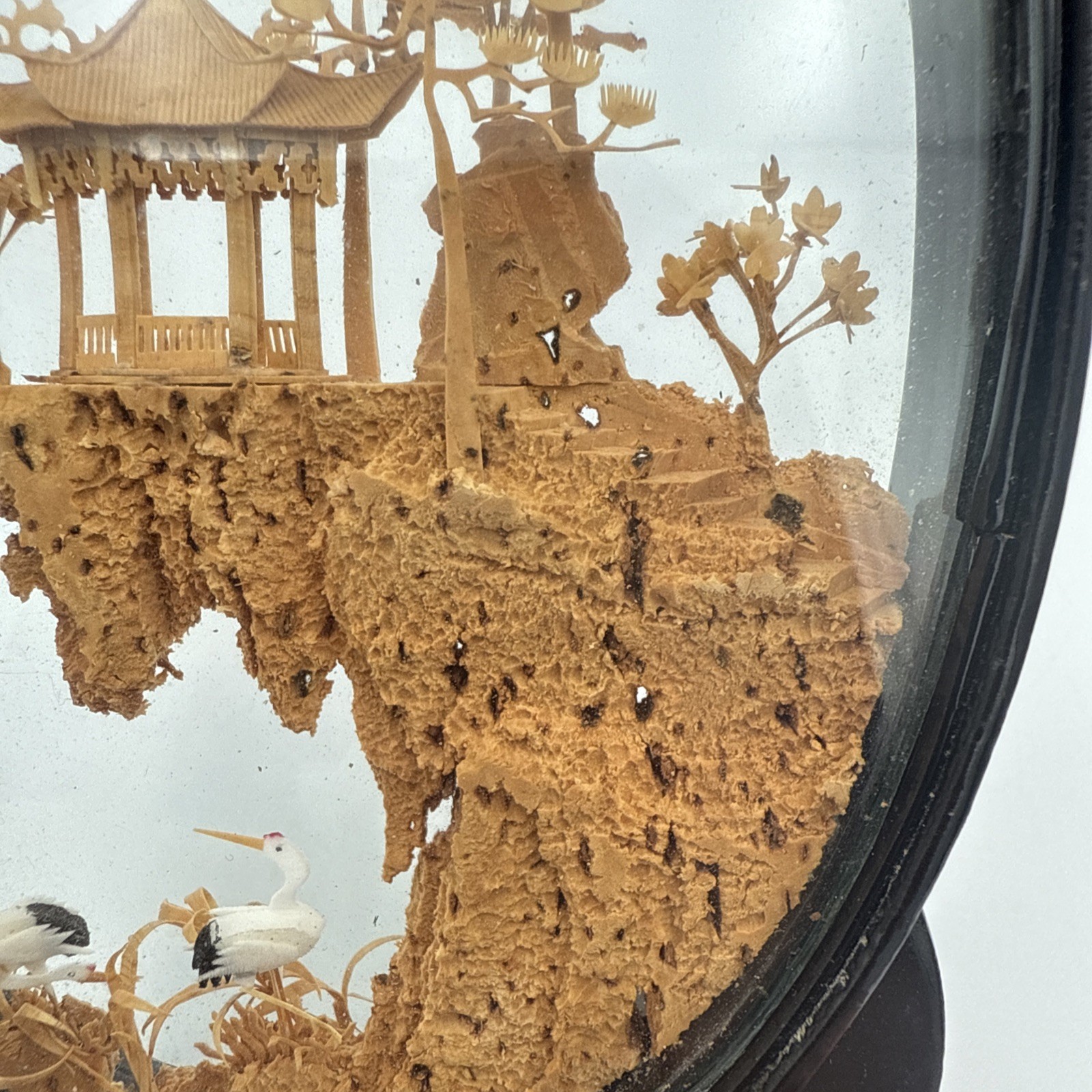 Vintage Chinese Diorama Cork Carving Glass Case Pagoda/Trees/Cranes 8”