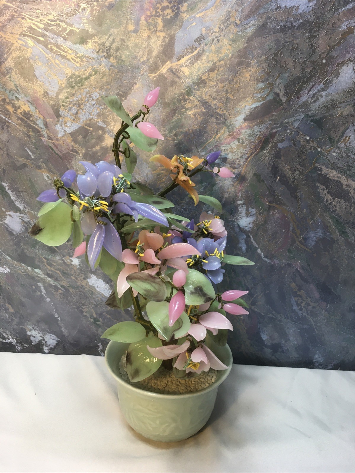 Oriental Bonsai Jade Color Art Glass Flowers Tree Celadon Porcelain Pot 12″-READ