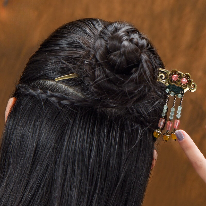 China Dongling Jade/Yellow Agate/Alloy Tassels Tibetan Style Fashion Hairpin