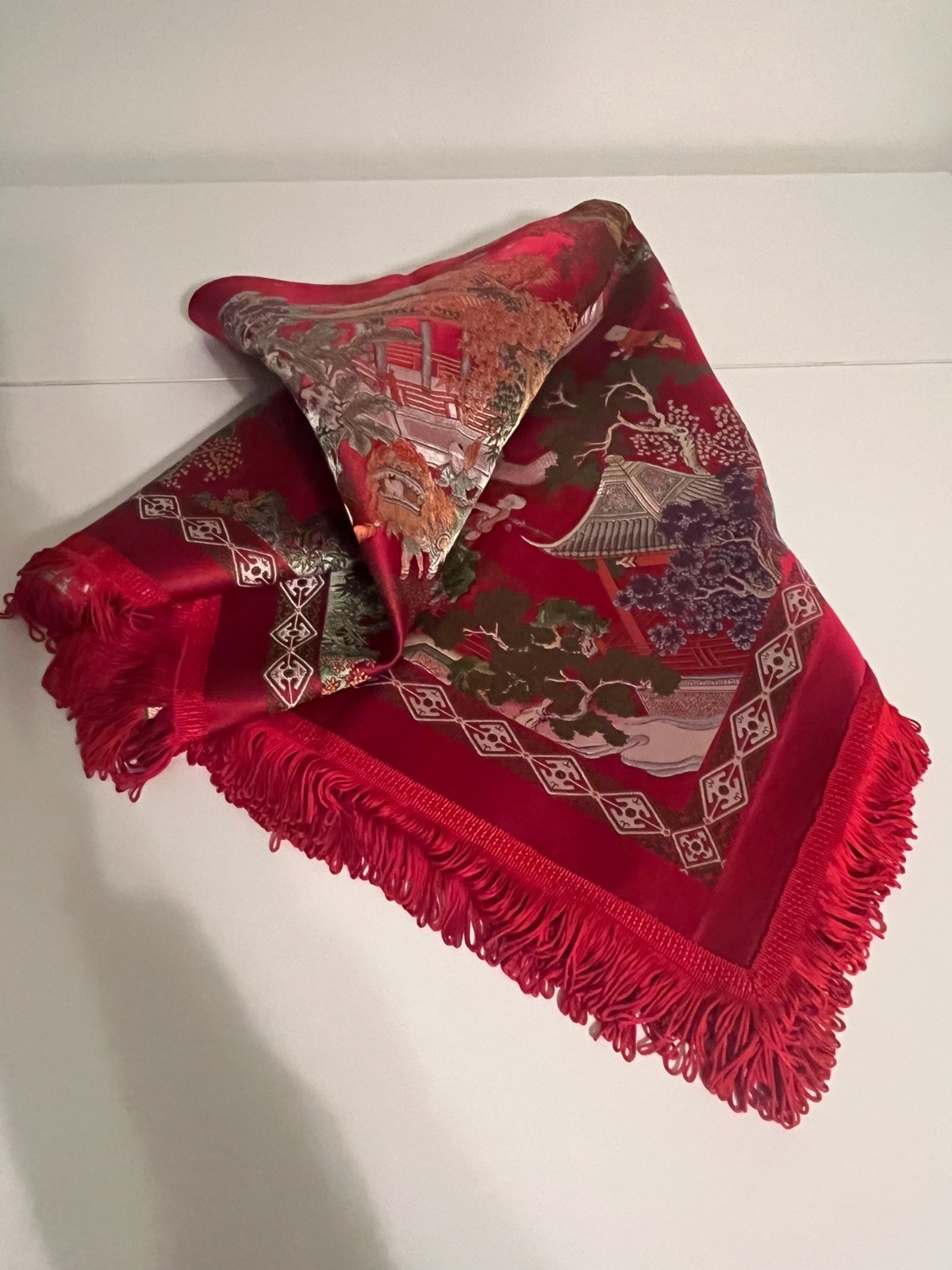 Vintage Chinese “Brocaded Flowers” Silk Blend Tapestry Tablecloth Piano Shawl